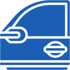 Blue car door icon on black background.