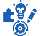 Puzzle, lightbulb, pencil, gear icons on black.